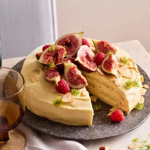 Stephanie Alexander’s almond meringue cake with lemon curd cream, figs and raspberries