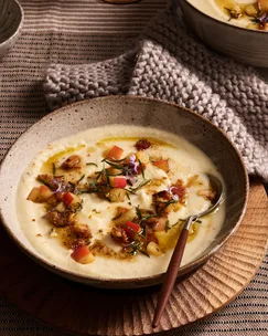 Apple and celeriac soup with crisp bacon croutons