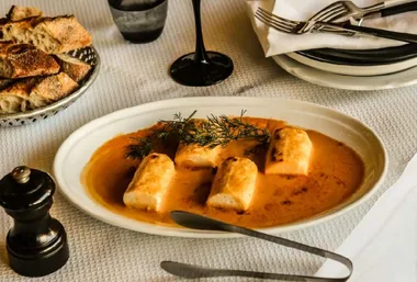 Baked sea perch dumplings in bisque