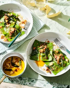 Rocket and egg yolk ravioli with pancetta and sage