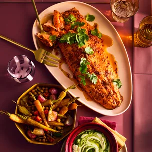 Harissa-honey glazed ocean trout with herb yoghurt