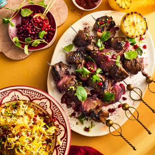 Honey and pomegranate lamb skewers with Persian jewelled rice