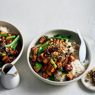 Kung pao tofu with sesame crumb.