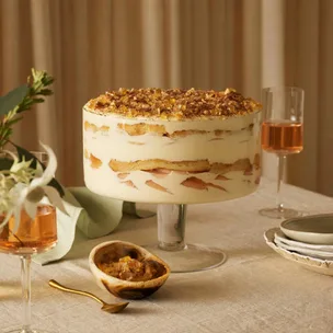 Neil Perry’s mascarpone, peach and Sauternes trifle with almond praline