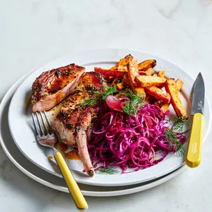 Peppered pork cutlets with mustard crème and pickled cabbage
