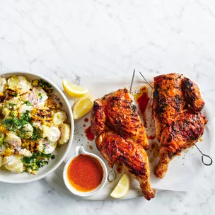 Char-grilled peri peri chicken with a side of charred corn is a weeknight winner