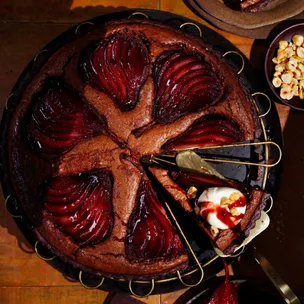 Red wine pear and chocolate tart