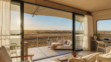 The view from the King Safari Tent's private outdoor deck at Monarto Safari Lodge, South Australia