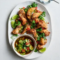 Roasted salt and pepper chicken drumettes with cucumber salad