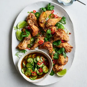 Salt and pepper chicken drumettes with cucumber salad