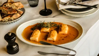 France-Soir's baked sea perch dumplings in bisque
