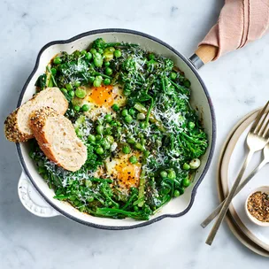 Spring greens, miso and furikake baked eggs