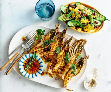 Barbecued Balmain bugs with charred corn salad