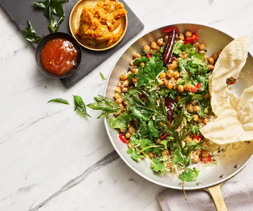South Indian coconut stir fry with condiments