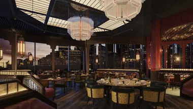 A visual render of the dining room at Mott 32 at Crown Melbourne