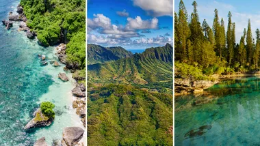 A collection of three images of tropical islands near australia, including lombok, new caledonia and bali