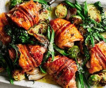 Roast chicken with pancetta and brussels sprouts