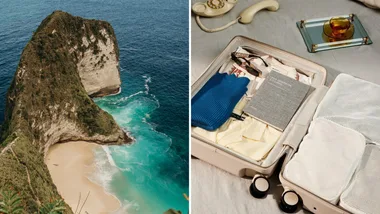 A breathtaking view of kelingking beach on nusa penida island, bali and a packed suitcase from July